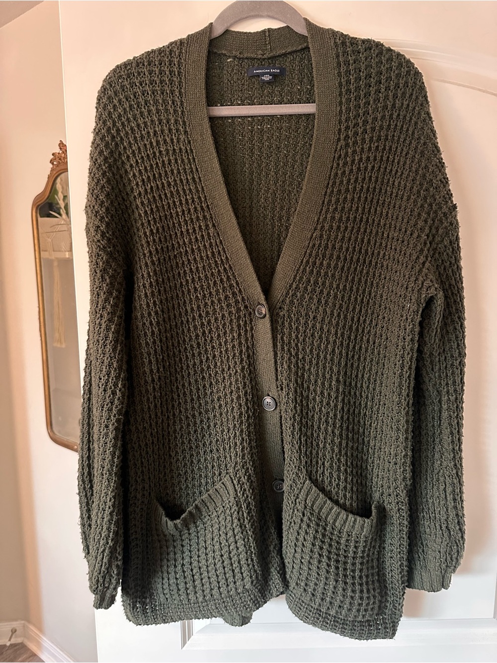 American Eagle Olive Green Chunky Waffle Knit Button-Front Sweater L